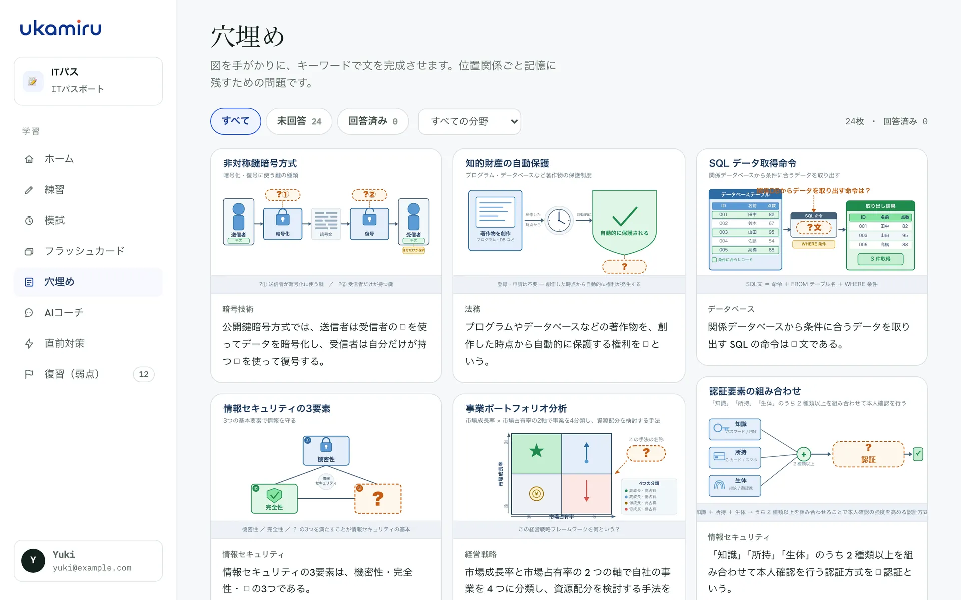 穴埋めの一覧画面：図つきのカードが並び、回答済みは色で区別されている