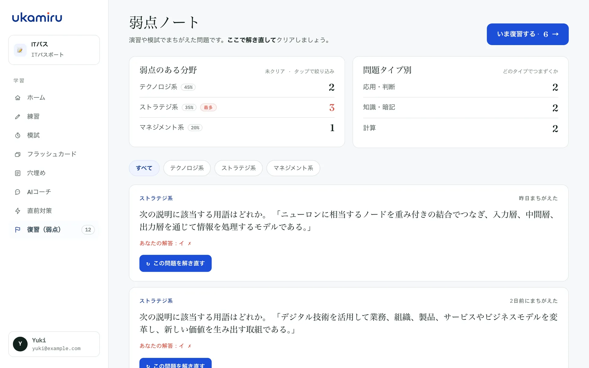 弱点ノートの画面：分野別・問題タイプ別の内訳と、まちがえた問題の一覧